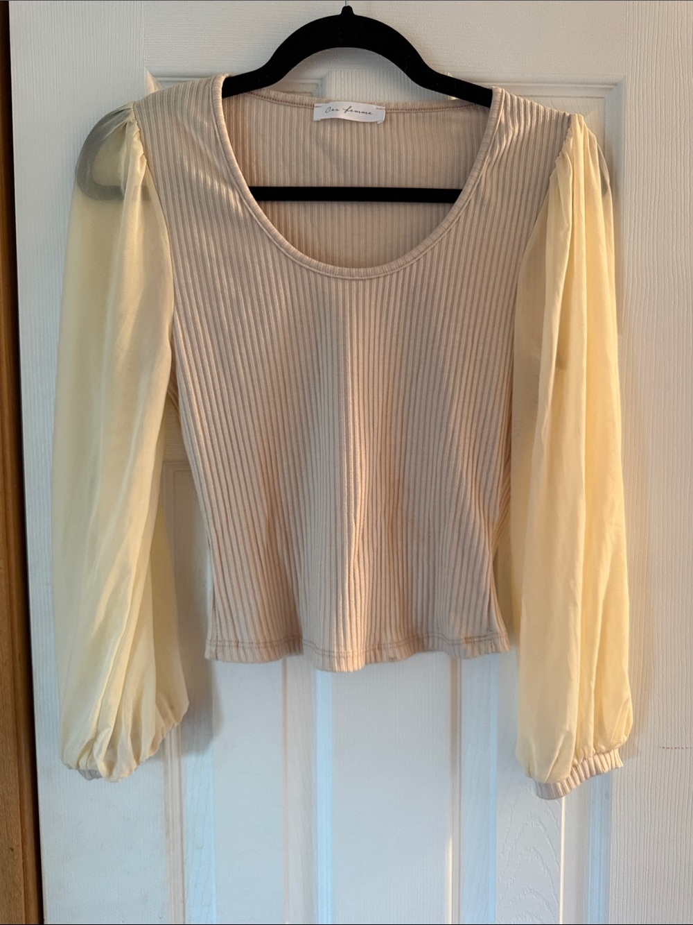 Ces Femme Cream Ribbed Top with Sheer Puff Sleeves